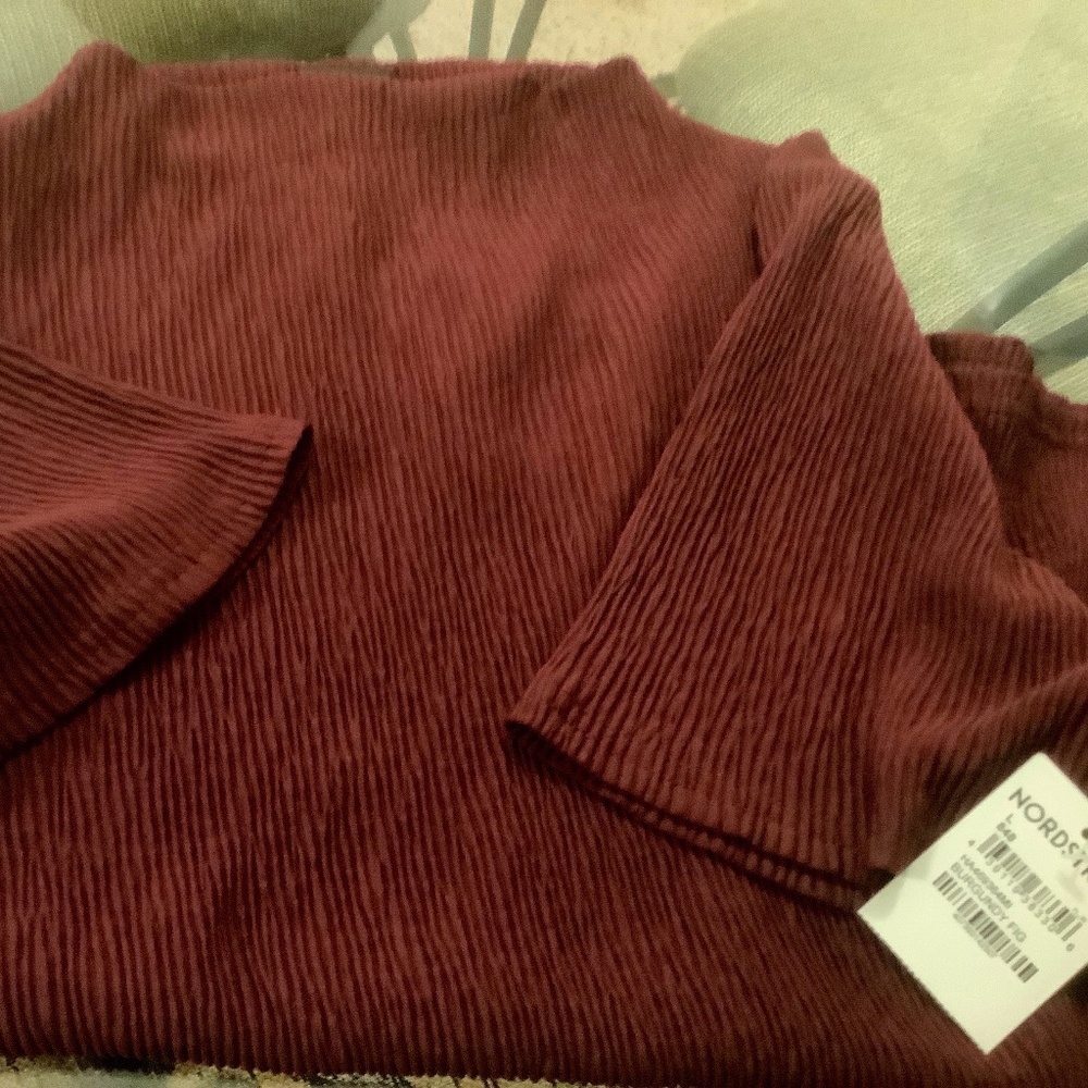 Nordstrom Trendy Burgundy Fig mock neck top pair with jeans or skirt